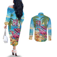 Flamingo Aloha Hawaii Couples Matching Off The Shoulder Long Sleeve Dress and Long Sleeve Button Shirt It's 5 O’Clock Somewhere Tropical Vibes - Wonder Print Shop