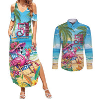 Flamingo Aloha Hawaii Couples Matching Summer Maxi Dress and Long Sleeve Button Shirt It's 5 O’Clock Somewhere Tropical Vibes - Wonder Print Shop