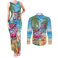 Flamingo Aloha Hawaii Couples Matching Tank Maxi Dress and Long Sleeve Button Shirt It's 5 O’Clock Somewhere Tropical Vibes - Wonder Print Shop