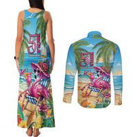 Flamingo Aloha Hawaii Couples Matching Tank Maxi Dress and Long Sleeve Button Shirt It's 5 O’Clock Somewhere Tropical Vibes - Wonder Print Shop