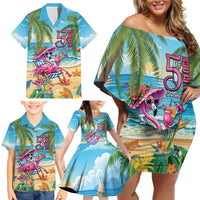 Flamingo Aloha Hawaii Family Matching Off Shoulder Short Dress and Hawaiian Shirt It's 5 O’Clock Somewhere Tropical Vibes - Wonder Print Shop