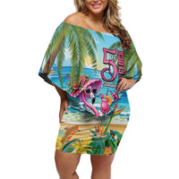 Flamingo Aloha Hawaii Off Shoulder Short Dress It's 5 O’Clock Somewhere Tropical Vibes - Wonder Print Shop