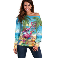 Flamingo Aloha Hawaii Off Shoulder Sweater It's 5 O’Clock Somewhere Tropical Vibes - Wonder Print Shop