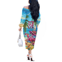 Flamingo Aloha Hawaii Off The Shoulder Long Sleeve Dress It's 5 O’Clock Somewhere Tropical Vibes - Wonder Print Shop