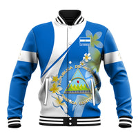 Nicaragua Independence Day Baseball Jacket Nicaraguan Coat of Arms With Sacuanjoche Flowers - Wonder Print Shop