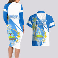 Nicaragua Independence Day Couples Matching Long Sleeve Bodycon Dress and Hawaiian Shirt Nicaraguan Coat of Arms With Sacuanjoche Flowers - Wonder Print Shop