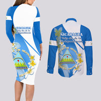 Nicaragua Independence Day Couples Matching Long Sleeve Bodycon Dress and Long Sleeve Button Shirts Nicaraguan Coat of Arms With Sacuanjoche Flowers - Wonder Print Shop