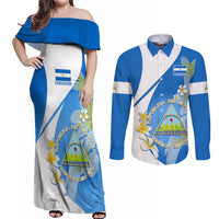 Nicaragua Independence Day Couples Matching Off Shoulder Maxi Dress and Long Sleeve Button Shirts Nicaraguan Coat of Arms With Sacuanjoche Flowers - Wonder Print Shop