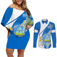 Nicaragua Independence Day Couples Matching Off Shoulder Short Dress and Long Sleeve Button Shirts Nicaraguan Coat of Arms With Sacuanjoche Flowers - Wonder Print Shop
