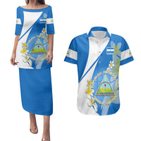 Nicaragua Independence Day Couples Matching Puletasi Dress and Hawaiian Shirt Nicaraguan Coat of Arms With Sacuanjoche Flowers - Wonder Print Shop