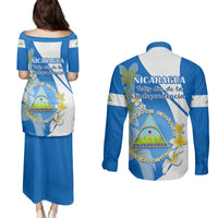 Nicaragua Independence Day Couples Matching Puletasi Dress and Long Sleeve Button Shirts Nicaraguan Coat of Arms With Sacuanjoche Flowers - Wonder Print Shop
