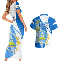 Nicaragua Independence Day Couples Matching Short Sleeve Bodycon Dress and Hawaiian Shirt Nicaraguan Coat of Arms With Sacuanjoche Flowers - Wonder Print Shop