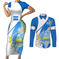 Nicaragua Independence Day Couples Matching Short Sleeve Bodycon Dress and Long Sleeve Button Shirts Nicaraguan Coat of Arms With Sacuanjoche Flowers - Wonder Print Shop