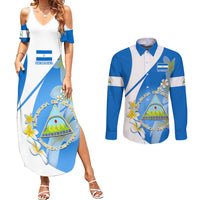 Nicaragua Independence Day Couples Matching Summer Maxi Dress and Long Sleeve Button Shirts Nicaraguan Coat of Arms With Sacuanjoche Flowers - Wonder Print Shop