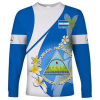 Nicaragua Independence Day Long Sleeve Shirt Nicaraguan Coat of Arms With Sacuanjoche Flowers - Wonder Print Shop