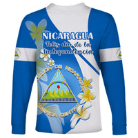 Nicaragua Independence Day Long Sleeve Shirt Nicaraguan Coat of Arms With Sacuanjoche Flowers - Wonder Print Shop