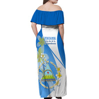 Nicaragua Independence Day Off Shoulder Maxi Dress Nicaraguan Coat of Arms With Sacuanjoche Flowers - Wonder Print Shop