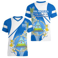 Nicaragua Independence Day Women V Neck T Shirt Nicaraguan Coat of Arms With Sacuanjoche Flowers - Wonder Print Shop