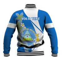 Custom Nicaragua Independence Day Baseball Jacket Nicaraguan Coat of Arms With Sacuanjoche Flowers - Wonder Print Shop