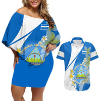 Custom Nicaragua Independence Day Couples Matching Off Shoulder Short Dress and Hawaiian Shirt Nicaraguan Coat of Arms With Sacuanjoche Flowers - Wonder Print Shop