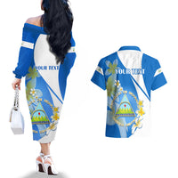 Custom Nicaragua Independence Day Couples Matching Off The Shoulder Long Sleeve Dress and Hawaiian Shirt Nicaraguan Coat of Arms With Sacuanjoche Flowers - Wonder Print Shop