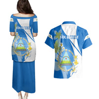 Custom Nicaragua Independence Day Couples Matching Puletasi Dress and Hawaiian Shirt Nicaraguan Coat of Arms With Sacuanjoche Flowers - Wonder Print Shop