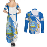 Custom Nicaragua Independence Day Couples Matching Summer Maxi Dress and Long Sleeve Button Shirts Nicaraguan Coat of Arms With Sacuanjoche Flowers - Wonder Print Shop