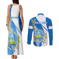 Custom Nicaragua Independence Day Couples Matching Tank Maxi Dress and Long Sleeve Button Shirts Nicaraguan Coat of Arms With Sacuanjoche Flowers - Wonder Print Shop