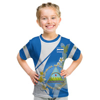 Custom Nicaragua Independence Day Kid T Shirt Nicaraguan Coat of Arms With Sacuanjoche Flowers - Wonder Print Shop