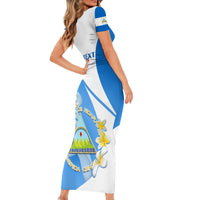 Custom Nicaragua Independence Day Short Sleeve Bodycon Dress Nicaraguan Coat of Arms With Sacuanjoche Flowers - Wonder Print Shop