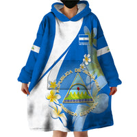 Custom Nicaragua Independence Day Wearable Blanket Hoodie Nicaraguan Coat of Arms With Sacuanjoche Flowers - Wonder Print Shop