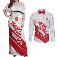 England Rugby Custom Couples Matching Off Shoulder Maxi Dress and Long Sleeve Button Shirt 2025 Come On Red Roses - Wonder Print Shop