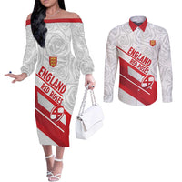 England Rugby Custom Couples Matching Off The Shoulder Long Sleeve Dress and Long Sleeve Button Shirt 2025 Come On Red Roses - Wonder Print Shop