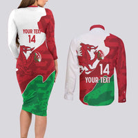 Wales Rugby Custom Couples Matching Long Sleeve Bodycon Dress and Long Sleeve Button Shirt Go Cymru Yma O Hyd - Wonder Print Shop