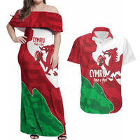 Wales Rugby Custom Couples Matching Off Shoulder Maxi Dress and Hawaiian Shirt Go Cymru Yma O Hyd - Wonder Print Shop