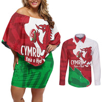 Wales Rugby Custom Couples Matching Off Shoulder Short Dress and Long Sleeve Button Shirt Go Cymru Yma O Hyd - Wonder Print Shop