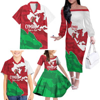 Wales Rugby Custom Family Matching Off The Shoulder Long Sleeve Dress and Hawaiian Shirt Go Cymru Yma O Hyd - Wonder Print Shop
