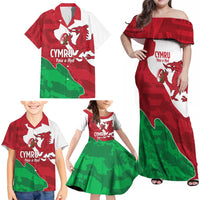 Wales Rugby Custom Family Matching Off Shoulder Maxi Dress and Hawaiian Shirt Go Cymru Yma O Hyd - Wonder Print Shop