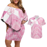 Scotland Rugby Custom Couples Matching Off Shoulder Short Dress and Hawaiian Shirt Go Scottish Thistle Pink Version - Wonder Print Shop