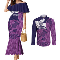 Scotland Rugby Custom Couples Matching Mermaid Dress and Long Sleeve Button Shirt Go Scottish Thistle Purple Version - Wonder Print Shop