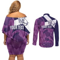 Scotland Rugby Custom Couples Matching Off Shoulder Short Dress and Long Sleeve Button Shirt Go Scottish Thistle Purple Version - Wonder Print Shop