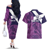 Scotland Rugby Custom Couples Matching Off The Shoulder Long Sleeve Dress and Hawaiian Shirt Go Scottish Thistle Purple Version - Wonder Print Shop