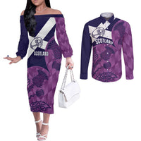 Scotland Rugby Custom Couples Matching Off The Shoulder Long Sleeve Dress and Long Sleeve Button Shirt Go Scottish Thistle Purple Version - Wonder Print Shop