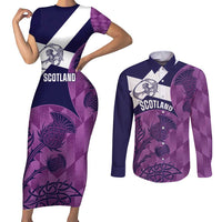 Scotland Rugby Custom Couples Matching Short Sleeve Bodycon Dress and Long Sleeve Button Shirt Go Scottish Thistle Purple Version - Wonder Print Shop