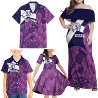 Scotland Rugby Custom Family Matching Off Shoulder Maxi Dress and Hawaiian Shirt Go Scottish Thistle Purple Version - Wonder Print Shop