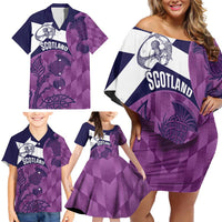 Scotland Rugby Custom Family Matching Off Shoulder Short Dress and Hawaiian Shirt Go Scottish Thistle Purple Version - Wonder Print Shop
