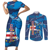 Custom Cape Verde Football Couples Matching Short Sleeve Bodycon Dress and Long Sleeve Button Shirt Go Blue Sharks - Mascot Version - Wonder Print Shop