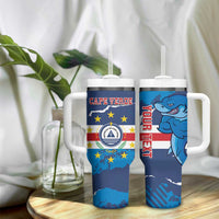 Custom Cape Verde Football Tumbler With Handle Go Blue Sharks - Mascot Version - Wonder Print Shop
