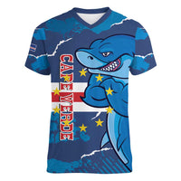 Custom Cape Verde Football Women V-Neck T-Shirt Go Blue Sharks - Mascot Version - Wonder Print Shop