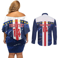 Custom Cape Verde Football Couples Matching Off Shoulder Short Dress and Long Sleeve Button Shirt Go Blue Sharks - Sporty Version - Wonder Print Shop